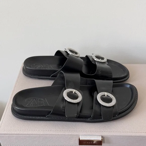 Zara Black Slides with Rhinestone Buckles - Picture 2 of 5
